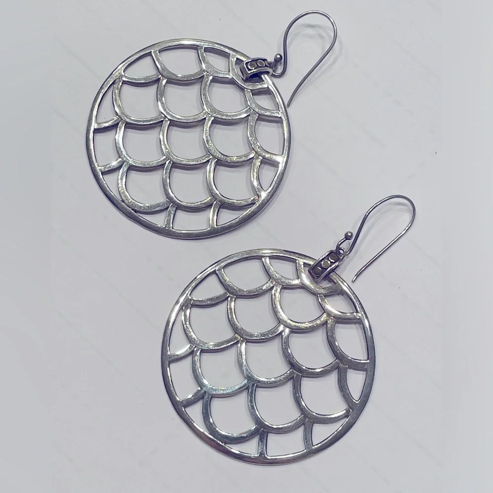 John Hardy Naga Disc earrings on hook. Sterling Silver w 3 18k Gold dots at top - Picture 4 of 10
